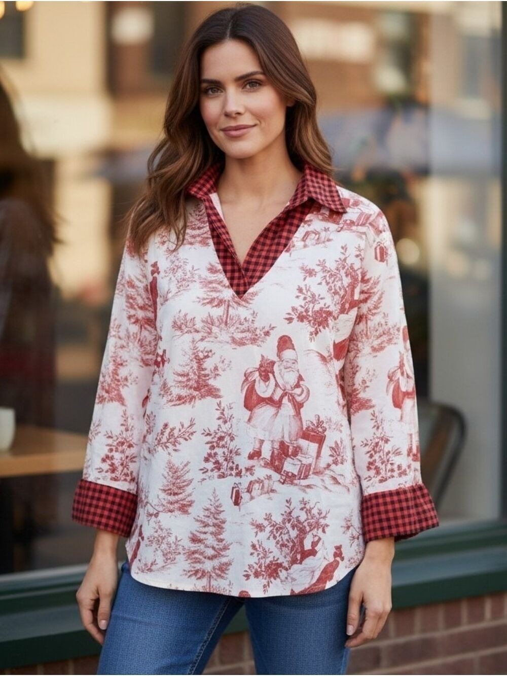 Cherry Betty Red and Cream Santa Christmas Holidays Blouse Shirt Large
